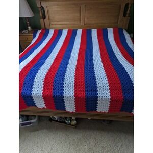 VTG‎ USA Handmade Crochet Throw Blanket Afghan Large 85"x 94" Red White & Blue